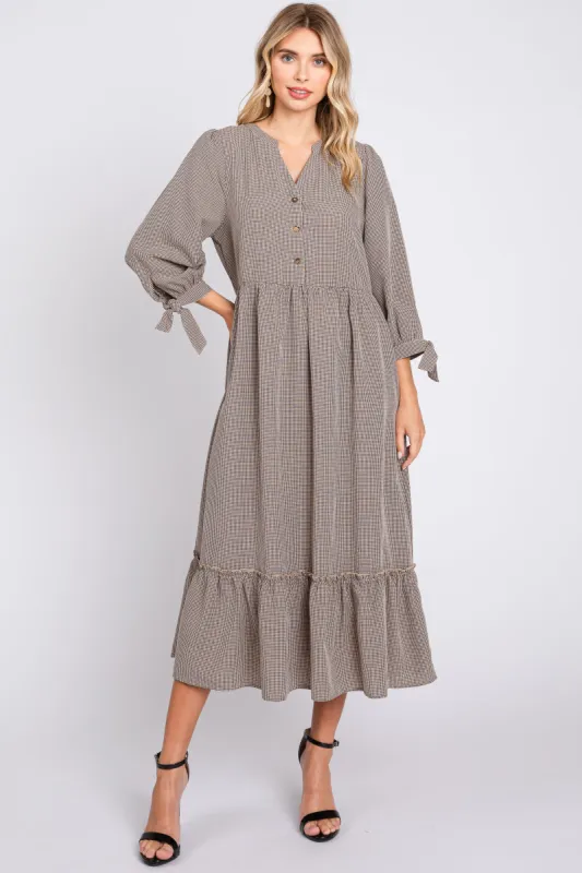 Taupe Gingham Front Button Sleeve Tie Midi Dress sold by Pinkblush