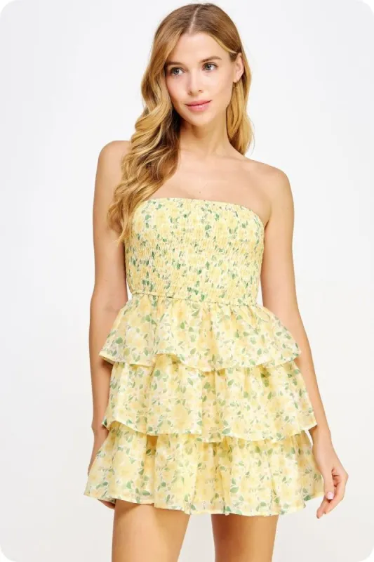 Yellow Floral Tiered Tube Mini Dress sold by Pinkblush
