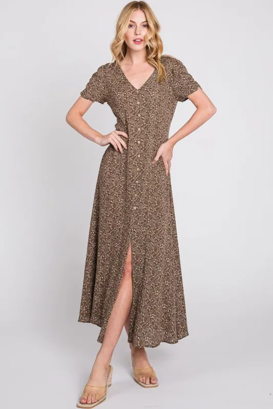Mocha Floral Button Accent Maxi Dress sold by Pinkblush