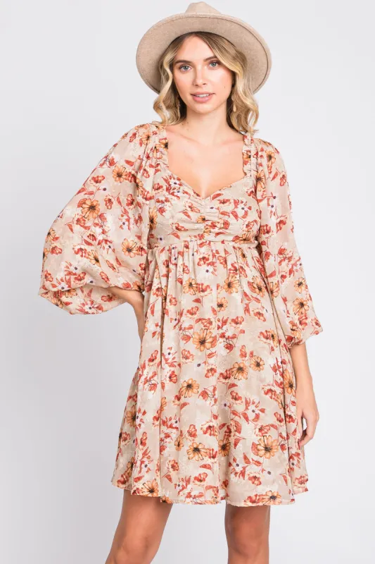 Taupe Floral Chiffon Sweetheart Neck Long Puff Sleeve Dress sold by Pinkblush