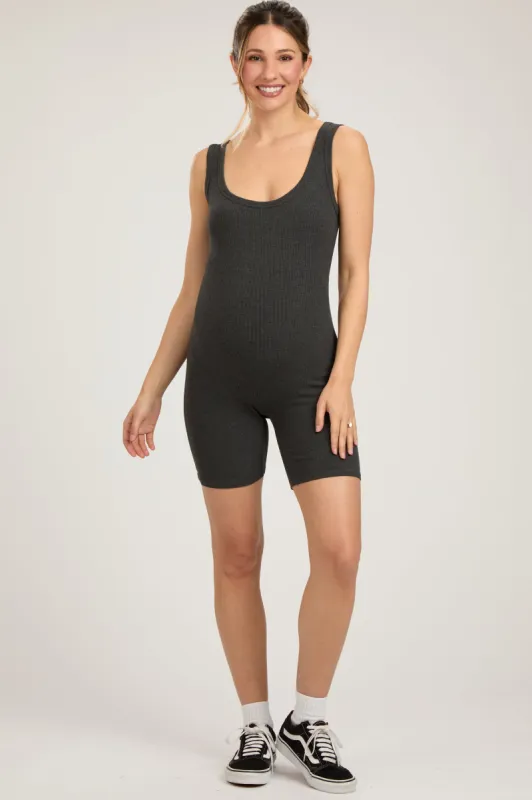 Charcoal Sleeveless Ribbed Biker Short Maternity Romper sold by Pinkblush