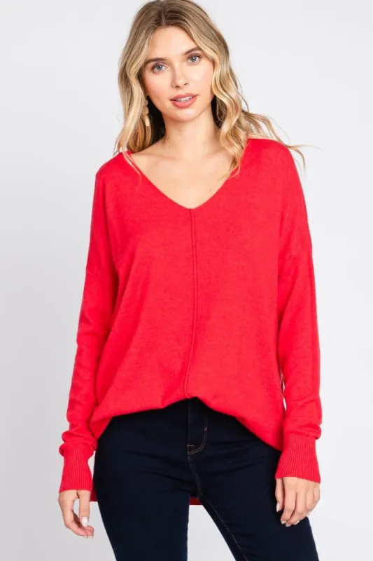 Red Long Sleeve Side Slit Sweater sold by Pinkblush