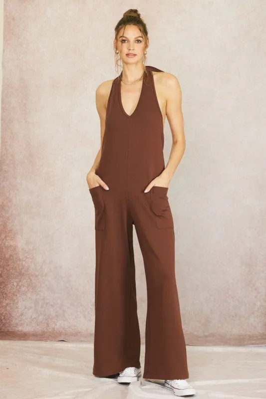 Brown Halter Front Pocket Knit Jumpsuit sold by Pinkblush