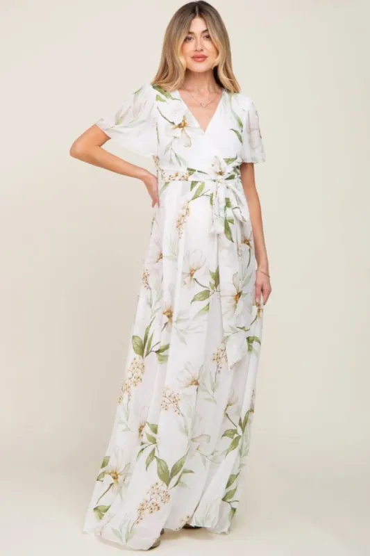 White Floral Chiffon Wrap Front Short Sleeve Maternity Maxi Dress sold by Pinkblush