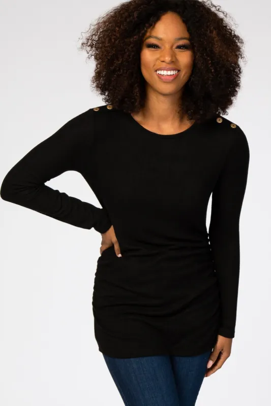 Black Soft Knit Button Shoulder Ruched Side Top sold by Pinkblush