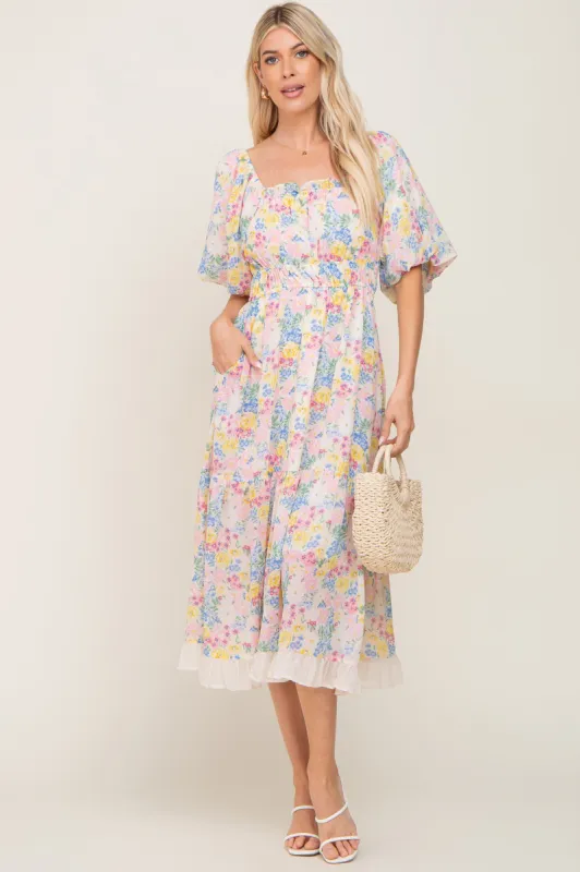Ivory Floral Chiffon Ruffle Square Neck Puff Sleeve Midi Dress sold by Pinkblush