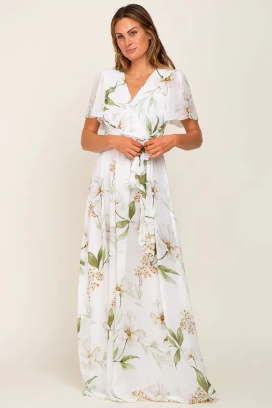 White Floral Chiffon Wrap Front Short Sleeve Maxi Dress sold by Pinkblush