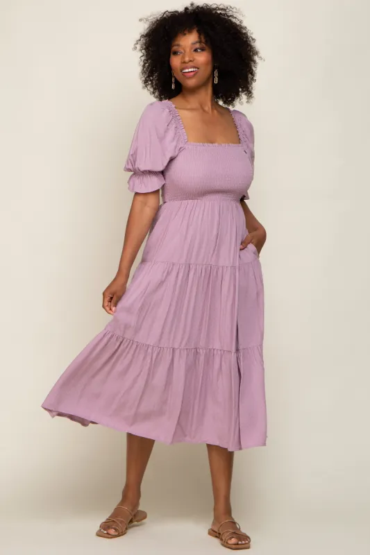 Mauve Swiss Dot Smocked Midi Dress sold by Pinkblush