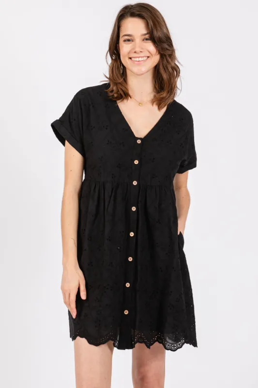 Black Eyelet Button Front Short Sleeve Dress sold by Pinkblush