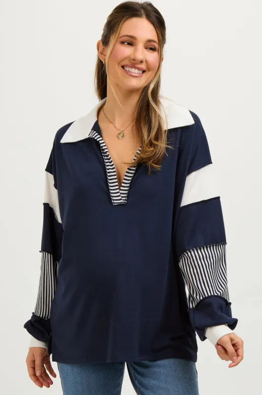 Navy Stripe Colorblock Collared Maternity Top sold by Pinkblush
