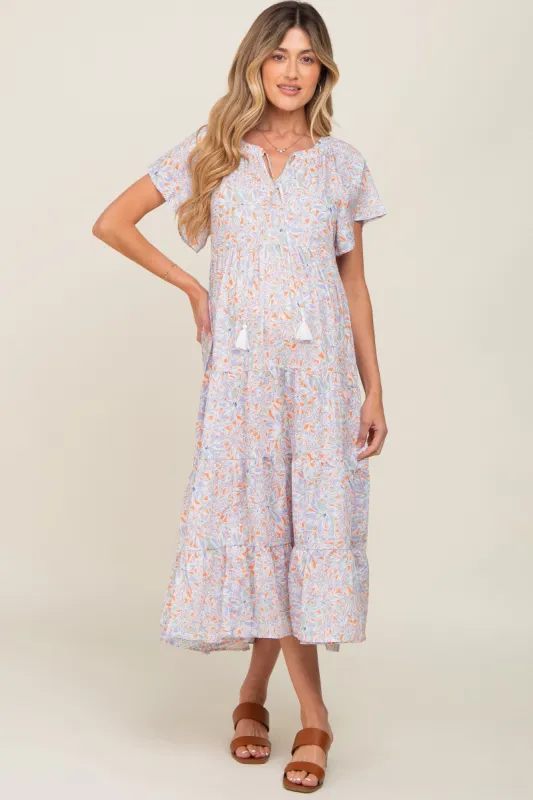 Lavender Floral Tassel Tie Tiered Maternity Midi Dress sold by Pinkblush