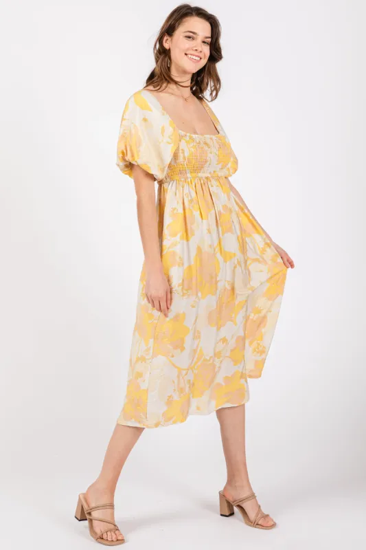 Yellow Floral Square Neck Smocked Short Puff Sleeve Midi Dress sold by Pinkblush