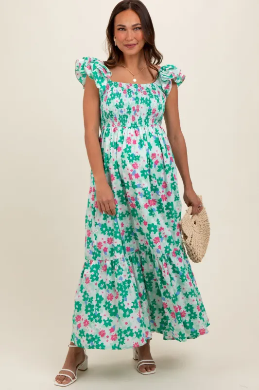 Green Floral Smocked Ruffle Sleeve Maternity Maxi Dress sold by Pinkblush