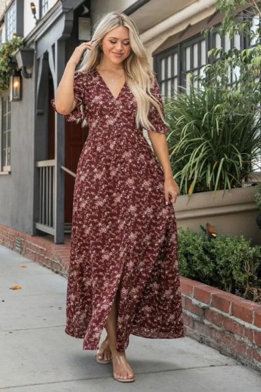 Burgundy Puff Sleeve Maxi Dress sold by Pinkblush