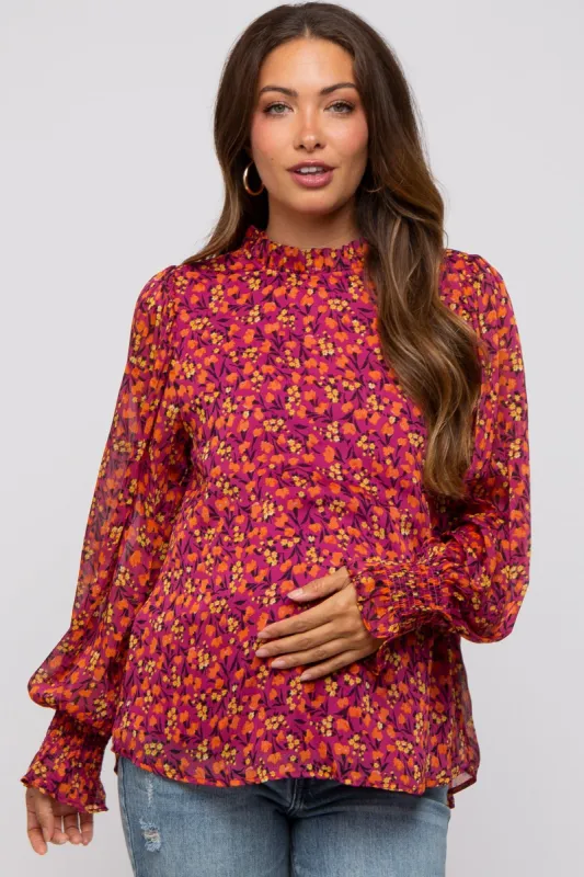 Magenta Floral Balloon Sleeve Maternity Blouse sold by Pinkblush