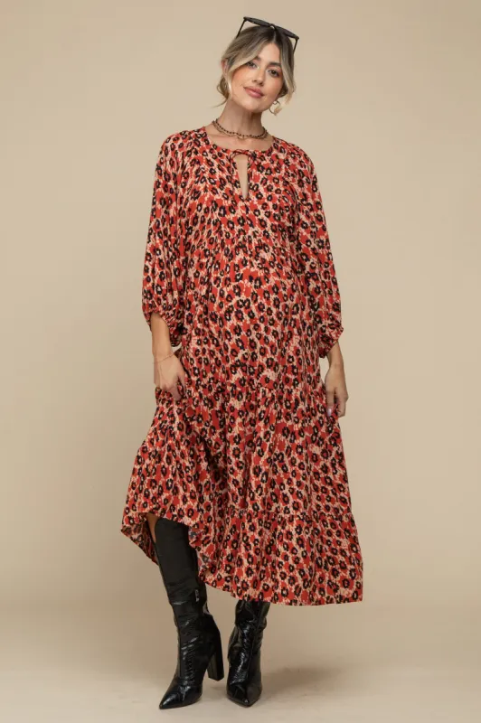 Rust Printed Long Sleeve Tiered Maternity Dress sold by Pinkblush