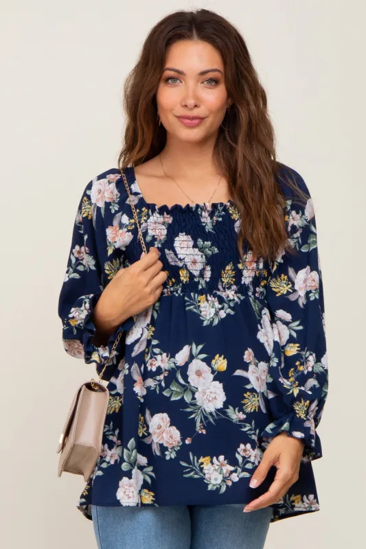 Navy Floral Smocked Long Sleeve Maternity Blouse sold by Pinkblush
