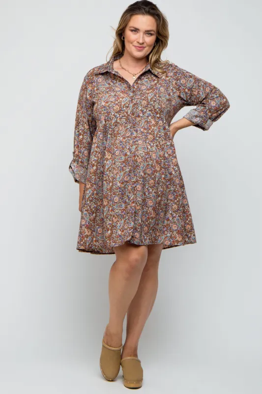 Brown Floral Paisley Button Up Maternity Plus Dress sold by Pinkblush
