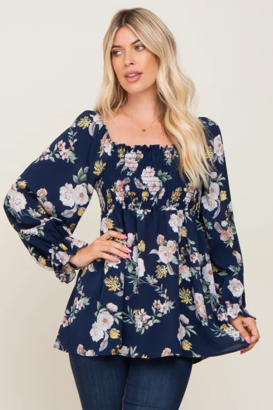 Navy Floral Smocked Long Sleeve Blouse sold by Pinkblush