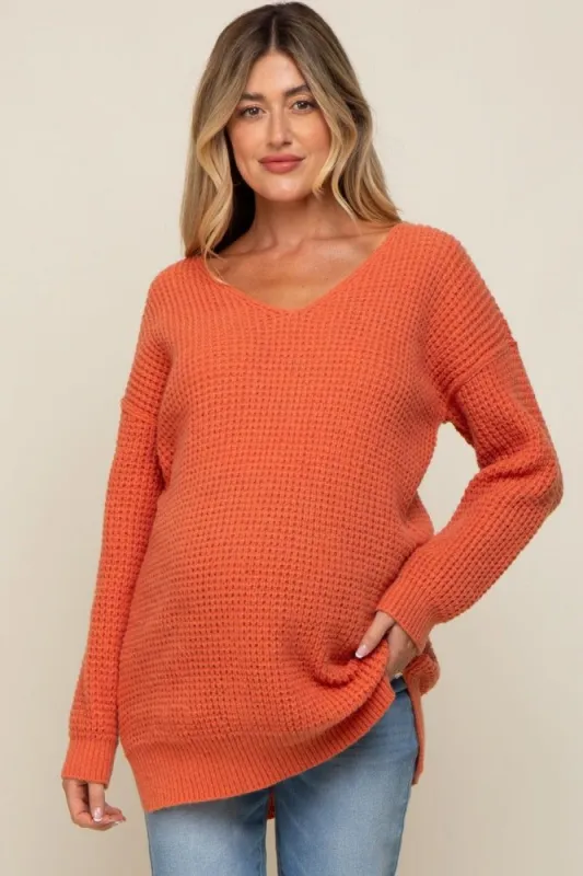 Orange Chunky Knit V-Neck Side Slit Long Maternity Sweater sold by Pinkblush