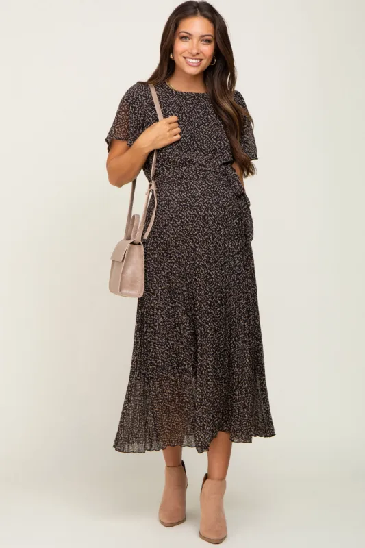 Black Floral Pleated Maternity Midi Dress sold by Pinkblush