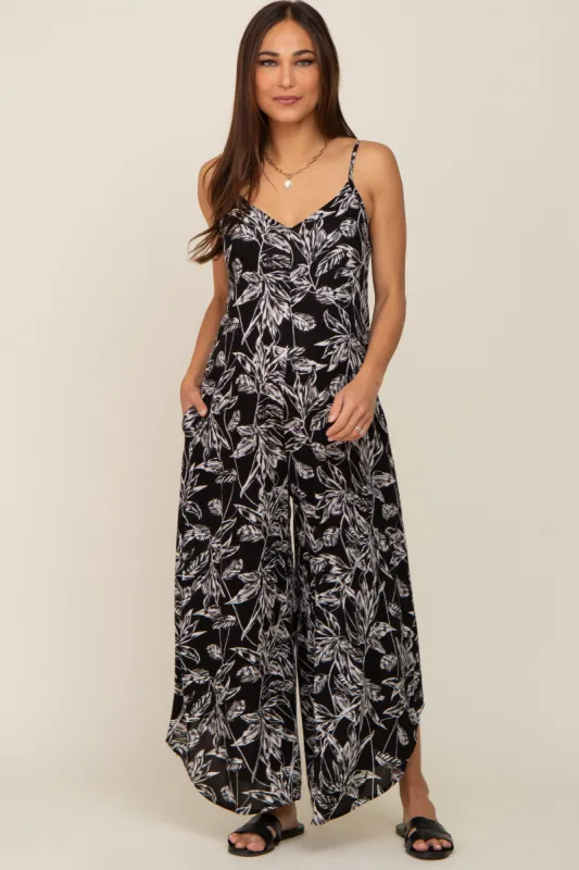 Black Leaf Print Round Hem Back Tie Maternity Jumpsuit sold by Pinkblush