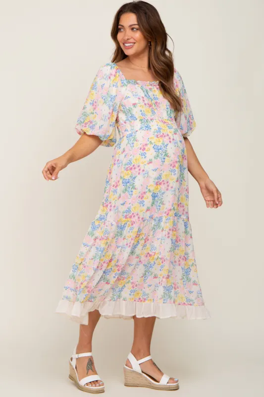 Ivory Floral Chiffon Ruffle Square Neck Puff Sleeve Maternity Midi Dress sold by Pinkblush
