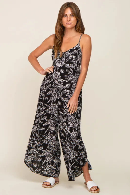 Black Leaf Print Round Hem Back Tie Jumpsuit sold by Pinkblush