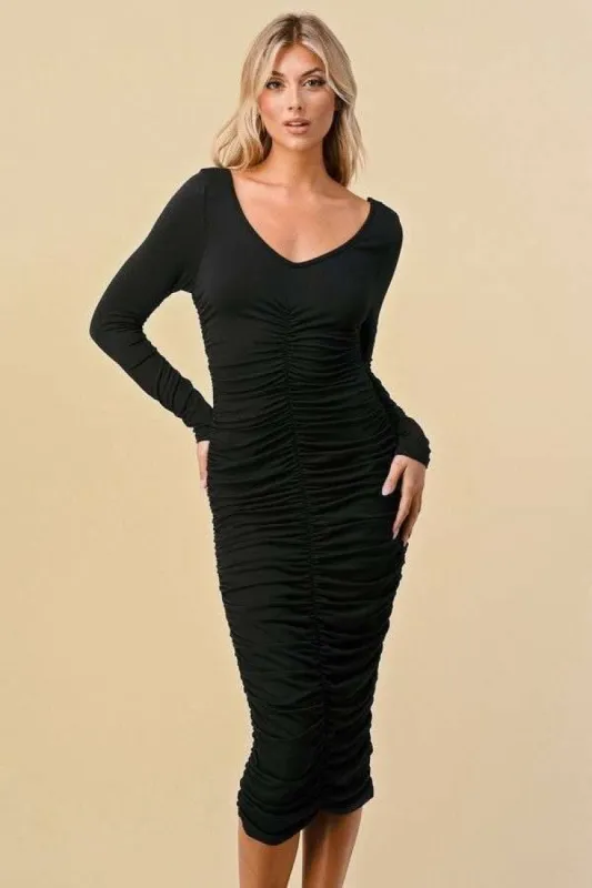Black Ruched Scoop Neck Long Sleeve Midi Dress sold by Pinkblush