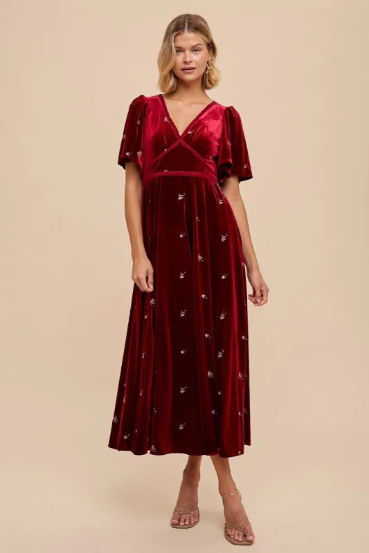 Burgundy All Over Floral Embroidered Velvet Maxi Dress sold by Pinkblush