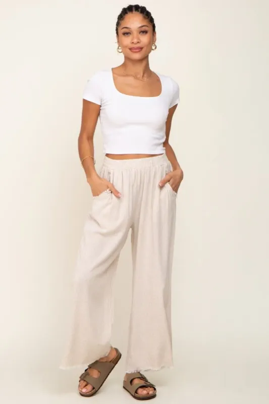 Beige Fringe Hem Linen Pants sold by Pinkblush