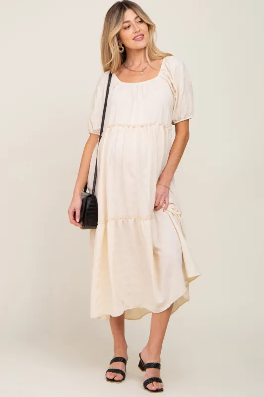 Cream Off Shoulder Short Sleeve Ruffle Tiered Maternity Midi Dress sold by Pinkblush