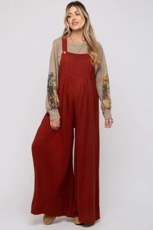 Rust Pleated Front Wide Leg Maternity Overalls sold by Pinkblush