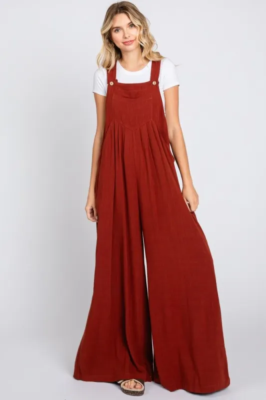 Rust Pleated Front Wide Leg Overalls sold by Pinkblush