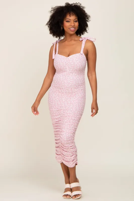Light Pink Leopard Ribbed Shoulder Tie Ruched Midi Dress sold by Pinkblush