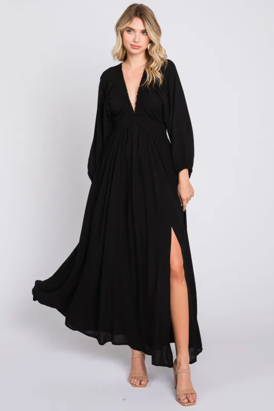 Black Deep V-Neck Smocked Waist Maxi Dress sold by Pinkblush