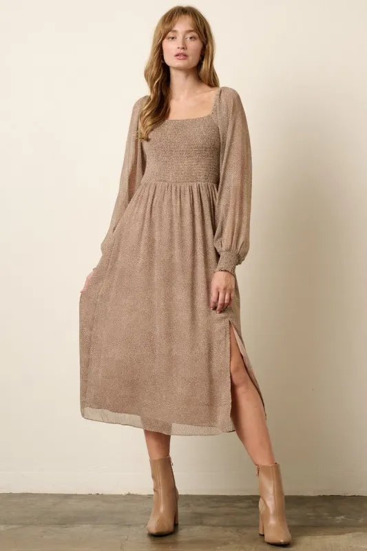 Taupe Scatter Dot Print Smocked Detail Midi Dress sold by Pinkblush