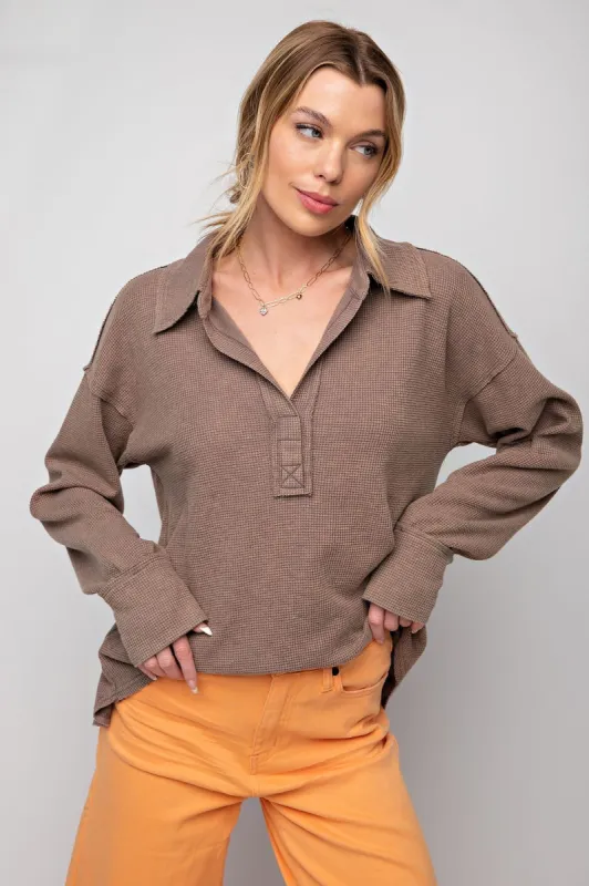 Mocha Washed Thermal Henley Knit Top sold by Pinkblush