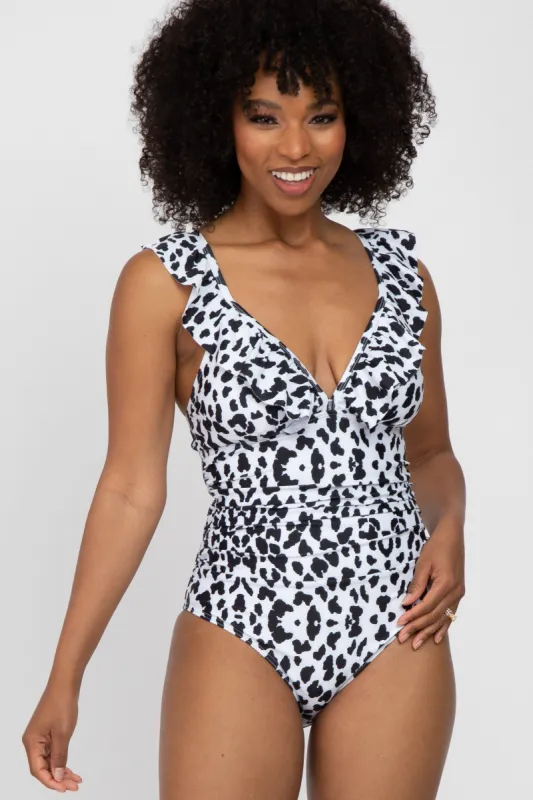 Ivory Animal Print Ruffle One-Piece Swimsuit sold by Pinkblush