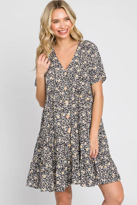 Black Floral Button Front Tiered Short Sleeve Dress sold by Pinkblush