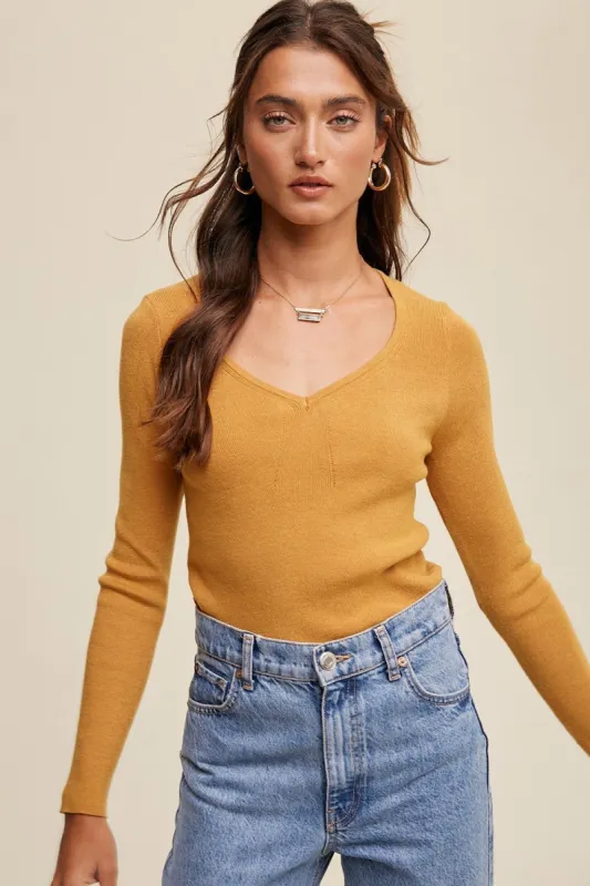 Mustard Slim Fit V-Neck Long Sleeve Ribbed Sweater Top sold by Pinkblush