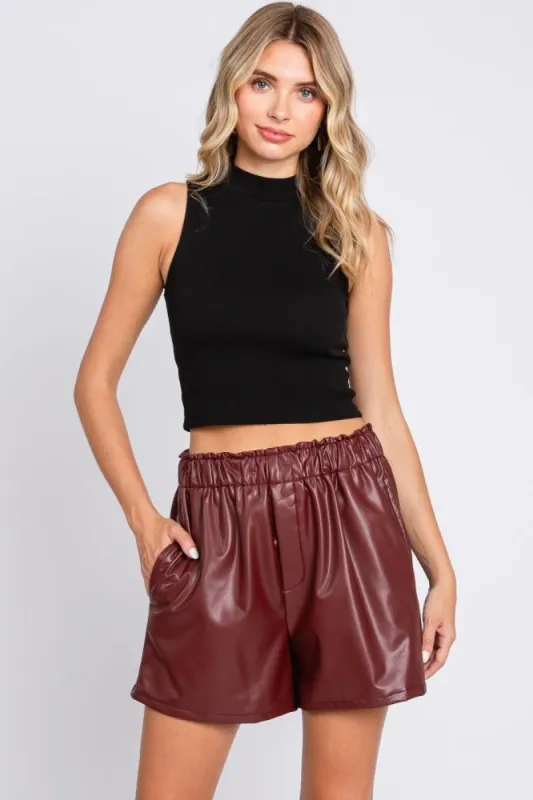 Burgundy Faux Leather Shorts sold by Pinkblush