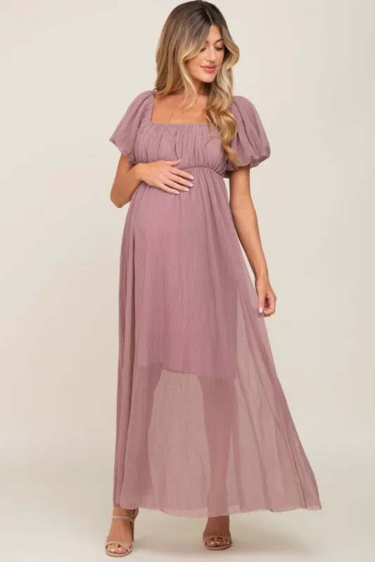 Mauve Pleated Puff Sleeve Matenrity Maxi Dress sold by Pinkblush