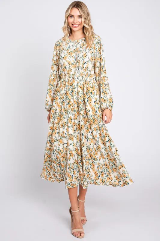 Cream Floral Plisse Long Sleeve Dress sold by Pinkblush
