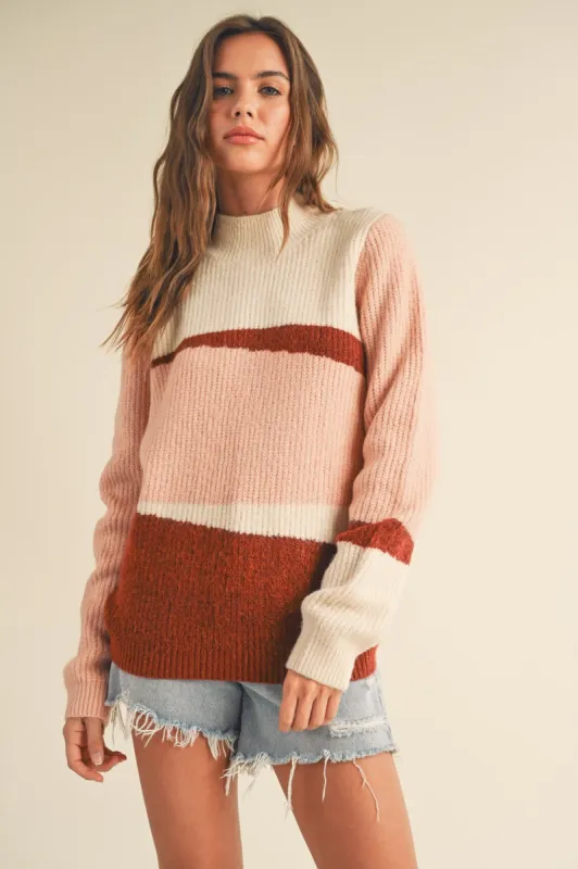 Mauve Combo Mock Neck Colorblock Pattern Sweater sold by Pinkblush