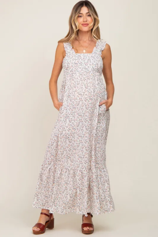 Cream Floral Ruffle Trim Maternity Maxi Dress sold by Pinkblush