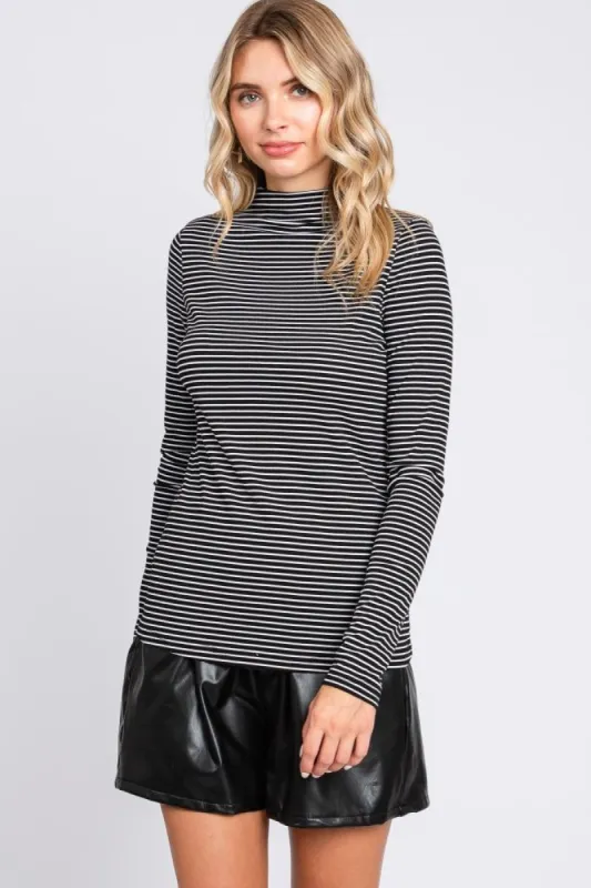 Black Striped Mock Neck Long Sleeve Top sold by Pinkblush