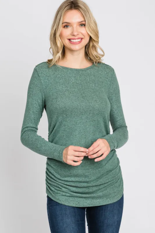 Mint Soft Knit Button Shoulder Ruched Side Top sold by Pinkblush