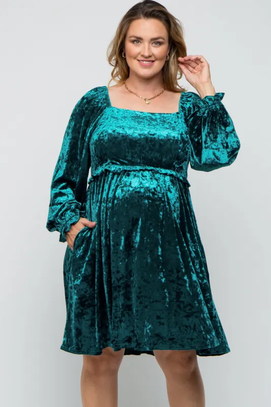 Teal Green Velour Square Neck Maternity Plus Dress sold by Pinkblush