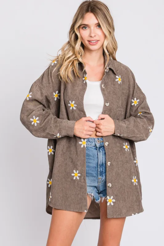 Mocha Corduroy Floral Button Front Collared Top sold by Pinkblush